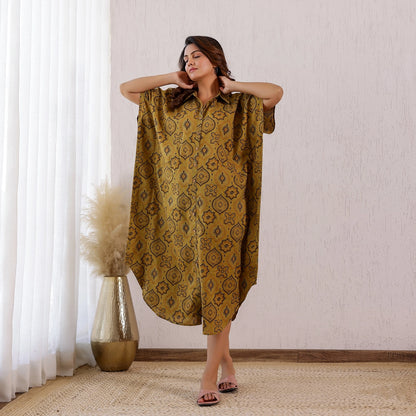 Mustard Yellow Ajrakh Printed Cotton Shirt Kaftan