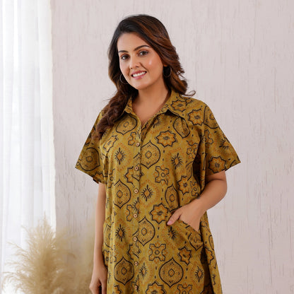 Mustard Yellow Ajrakh Printed Cotton Shirt Kaftan