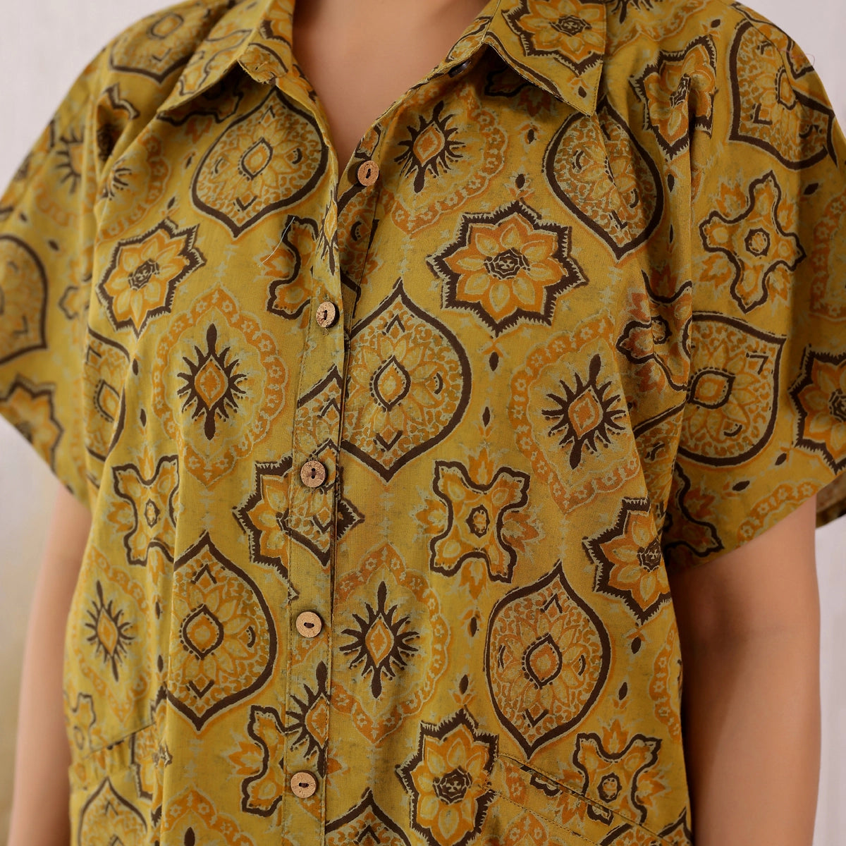 Mustard Yellow Ajrakh Printed Cotton Shirt Kaftan