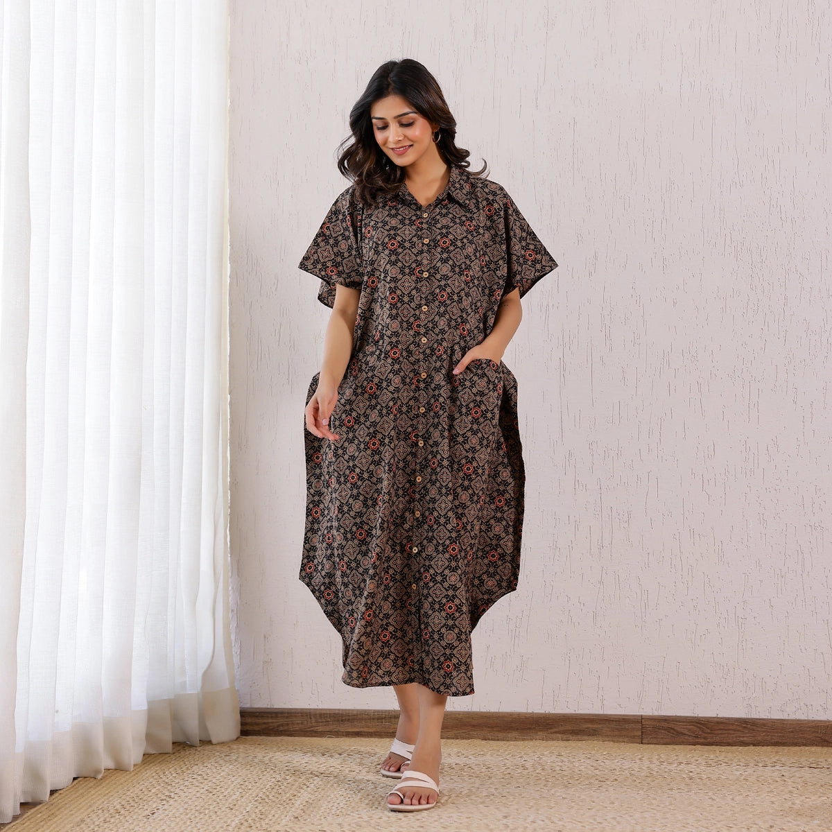 Black Ajrakh Printed Cotton Shirt Kaftan