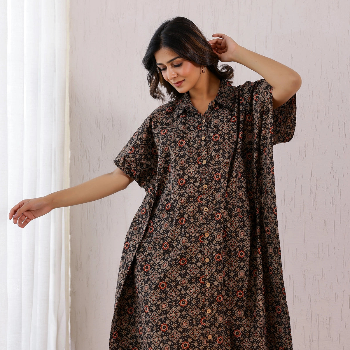 Black Ajrakh Printed Cotton Shirt Kaftan