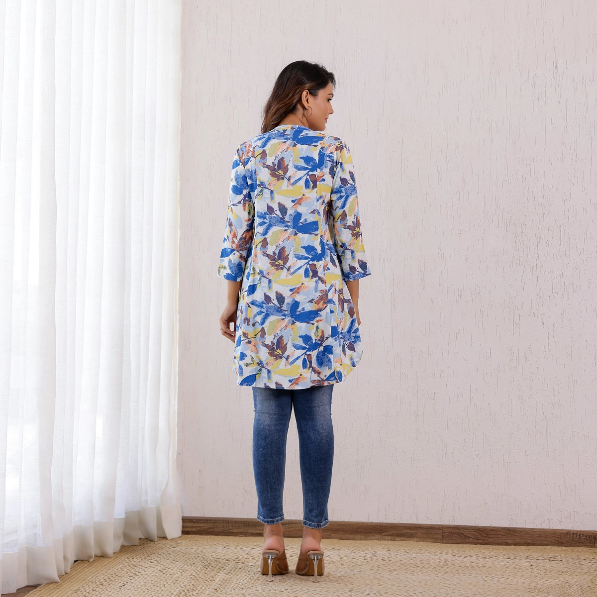 White and blue floral printed Rayon Tunic