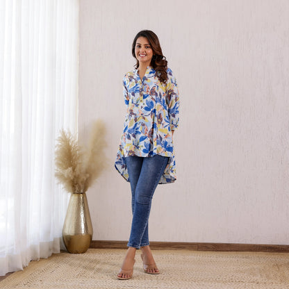 White and blue floral printed Rayon Tunic