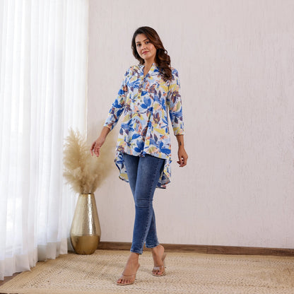 White and blue floral printed Rayon Tunic