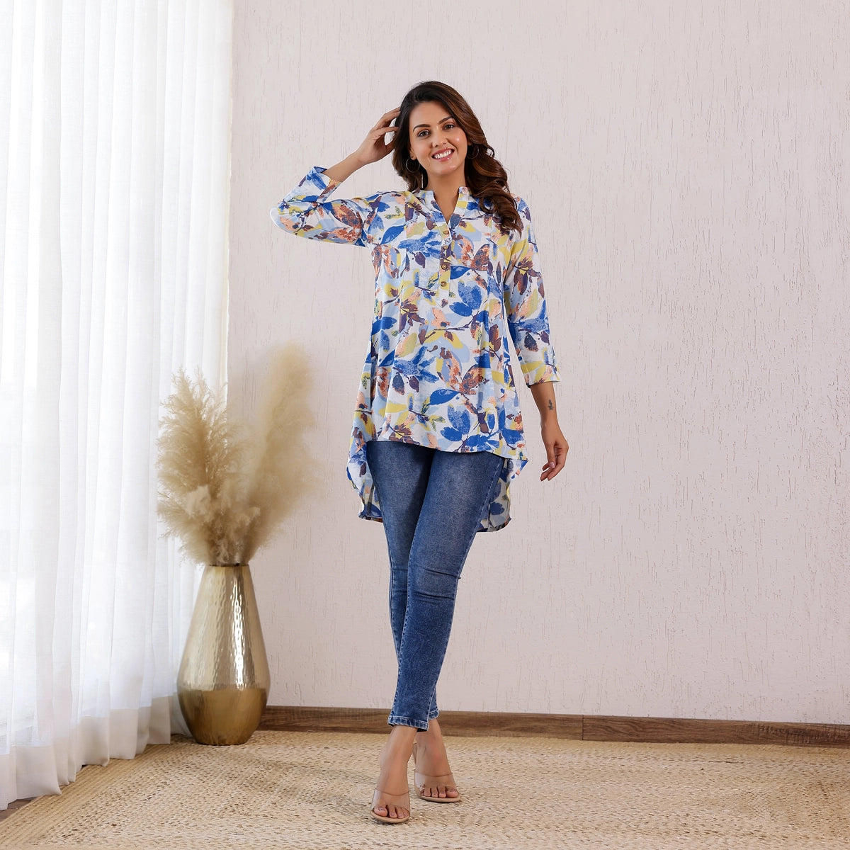 White and blue floral printed Rayon Tunic