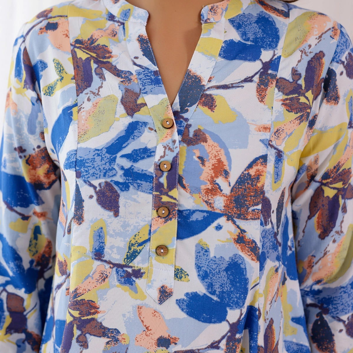 White and blue floral printed Rayon Tunic