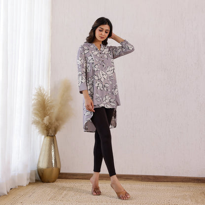 Pastel Grey Floral Print Rayon Tunic