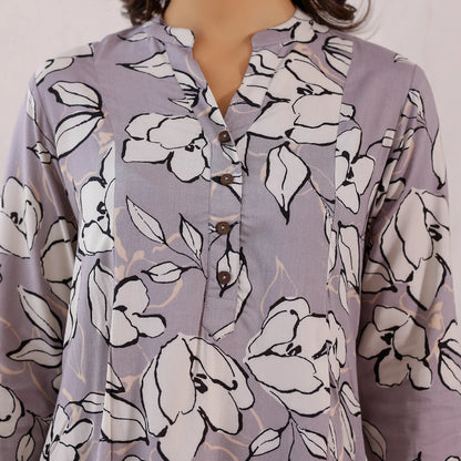 Pastel Grey Floral Print Rayon Tunic