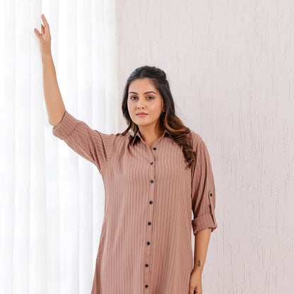 Pastel Brown High Low Stripes Shirt