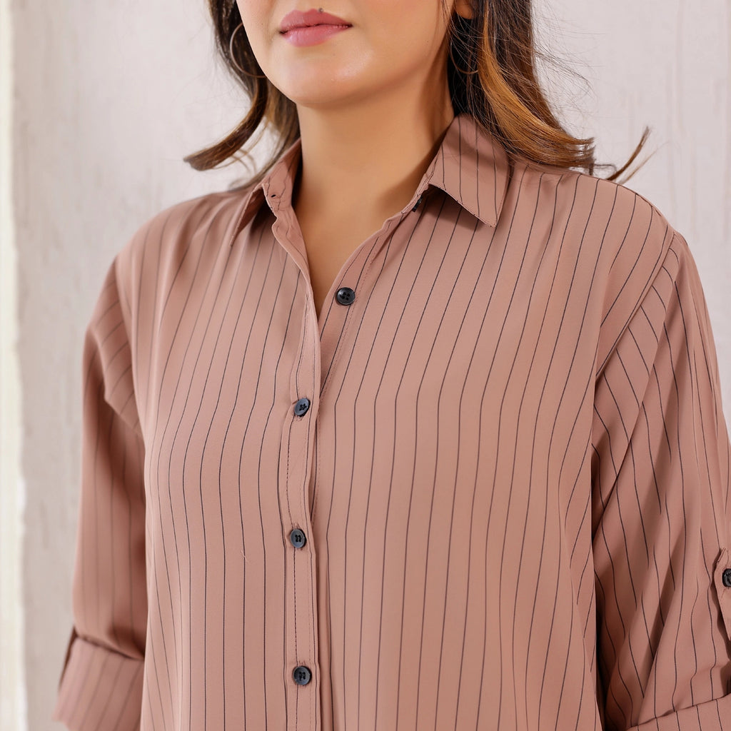 Pastel Brown High Low Stripes Shirt