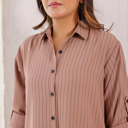 Pastel Brown High Low Stripes Shirt