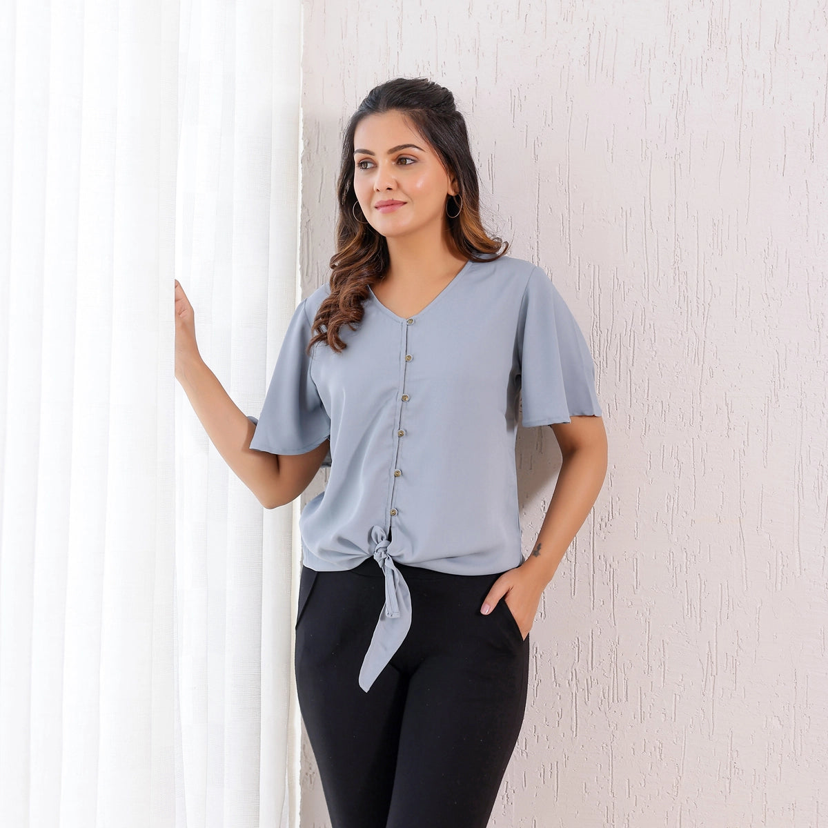 Dusty Blue Tie-Knot Butter Crepe Top