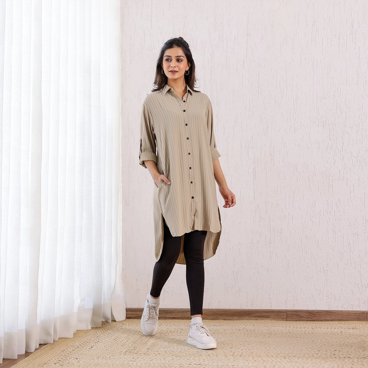 Vintage Beige High Low Stripes Shirt