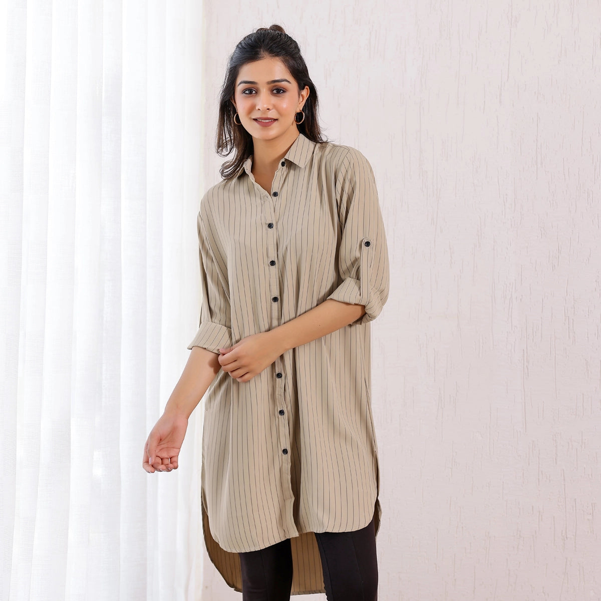 Vintage Beige High Low Stripes Shirt