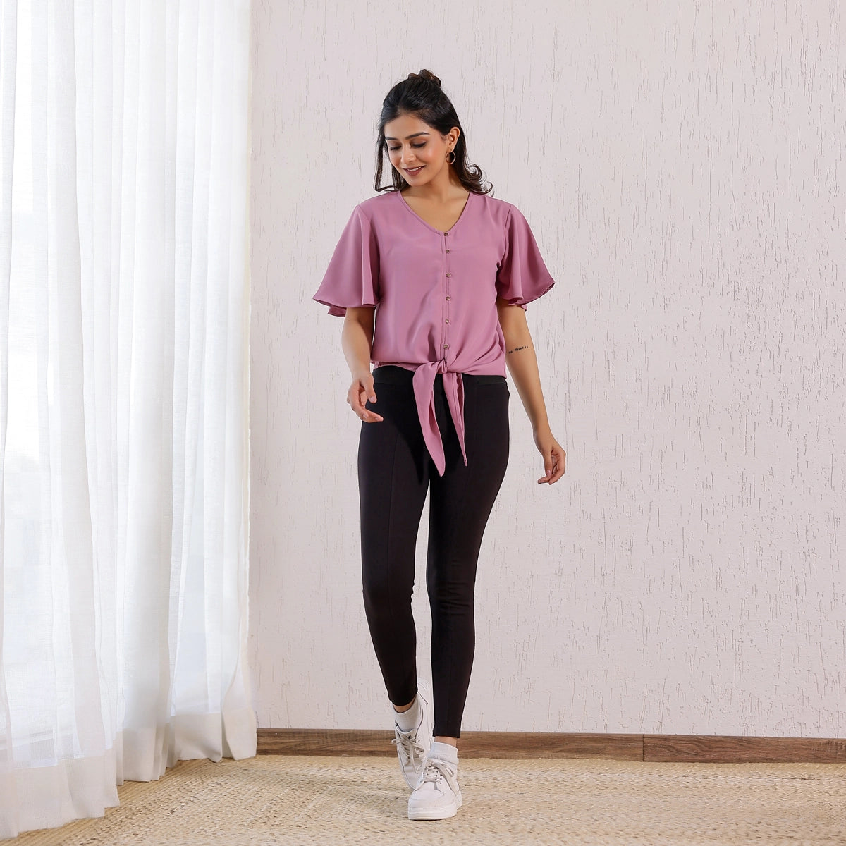 Mauve Pink Tie-Knot Butter Crepe Top