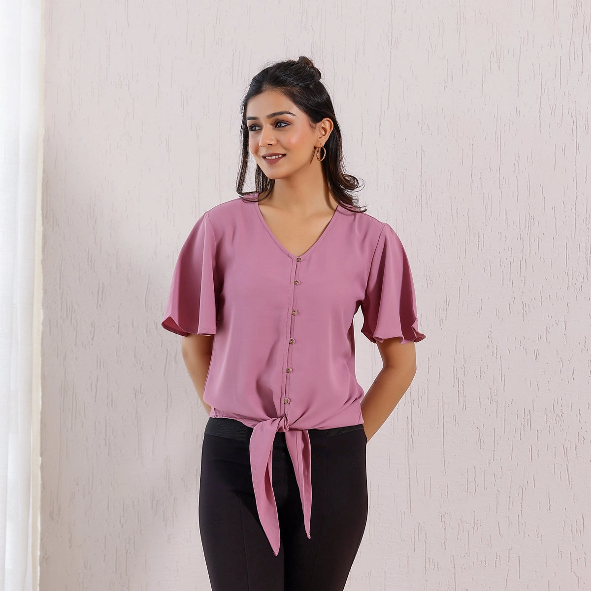Mauve Pink Tie-Knot Butter Crepe Top