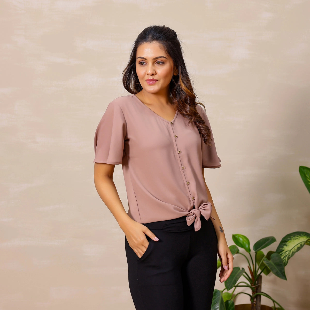 VIVIKA Mauve Tie-Knot Butter Crepe Top