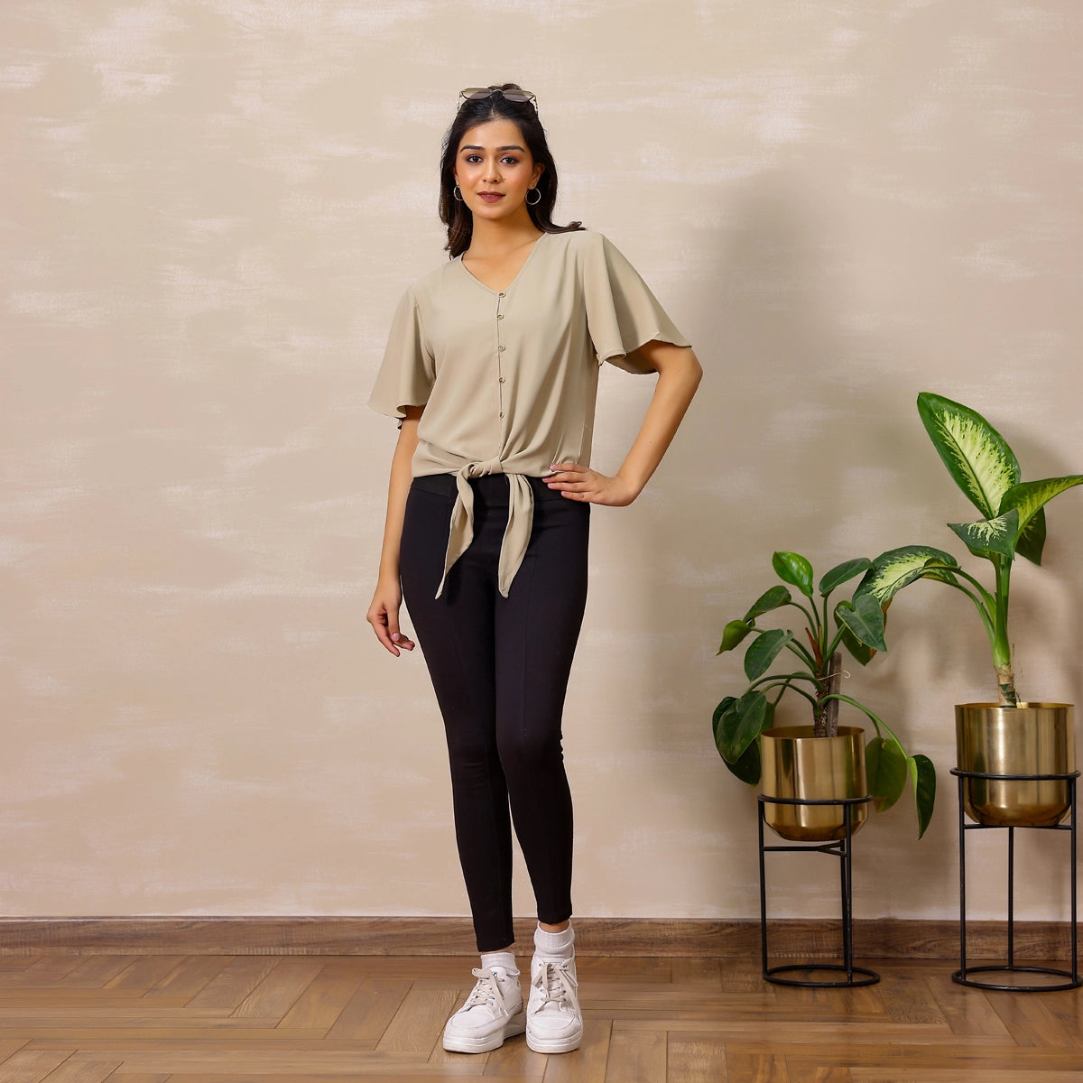 Vintage Beige Tie-Knot Butter Crepe Top