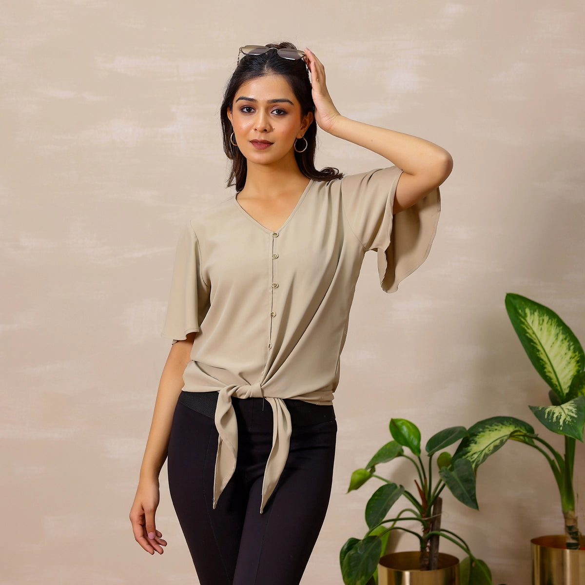 Vintage Beige Tie-Knot Butter Crepe Top