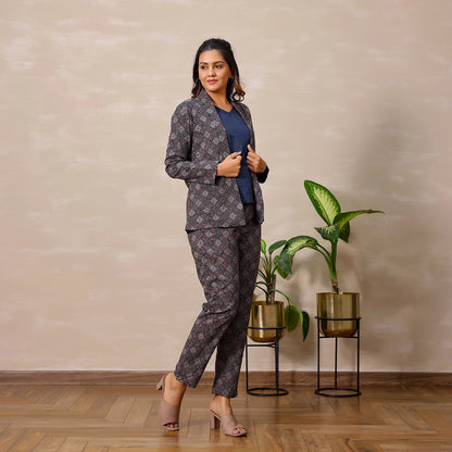 Maroon And Blue Ajrakh Print Cotton Blazer set with inner