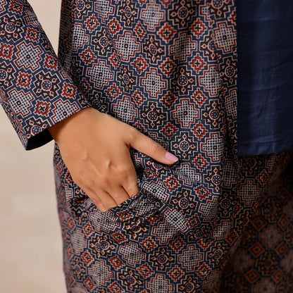 Maroon And Blue Ajrakh Print Cotton Blazer set with inner