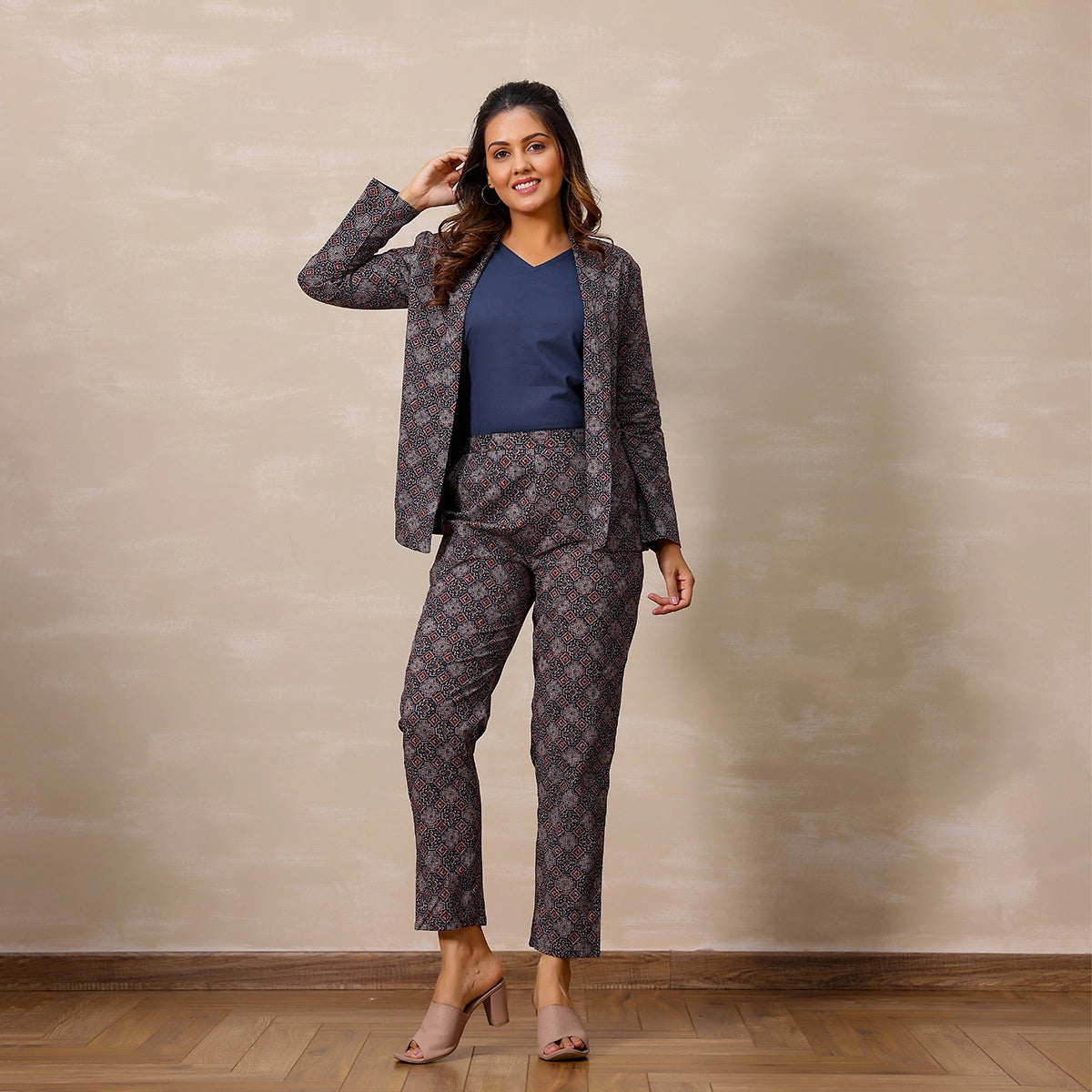 Blue And Maroon Ajrakh Print Cotton Blazer set with inner