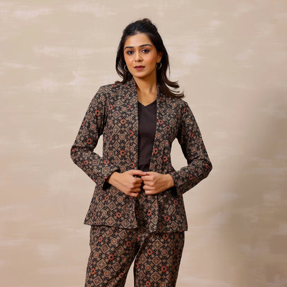 Black Ajrakh Print Cotton Blazer set with Inner