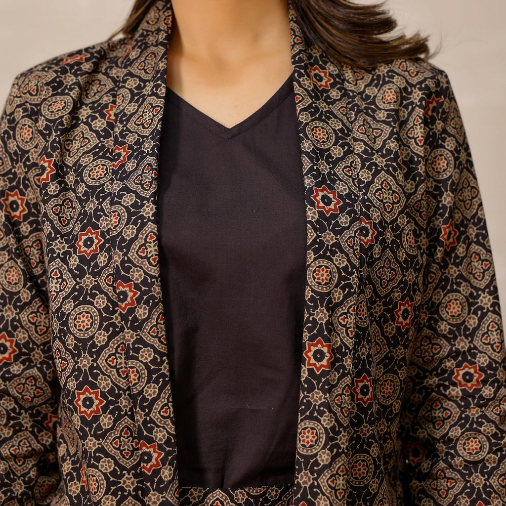 Black Ajrakh Print Cotton Blazer set with Inner