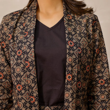 Black Ajrakh Print Cotton Blazer set with Inner