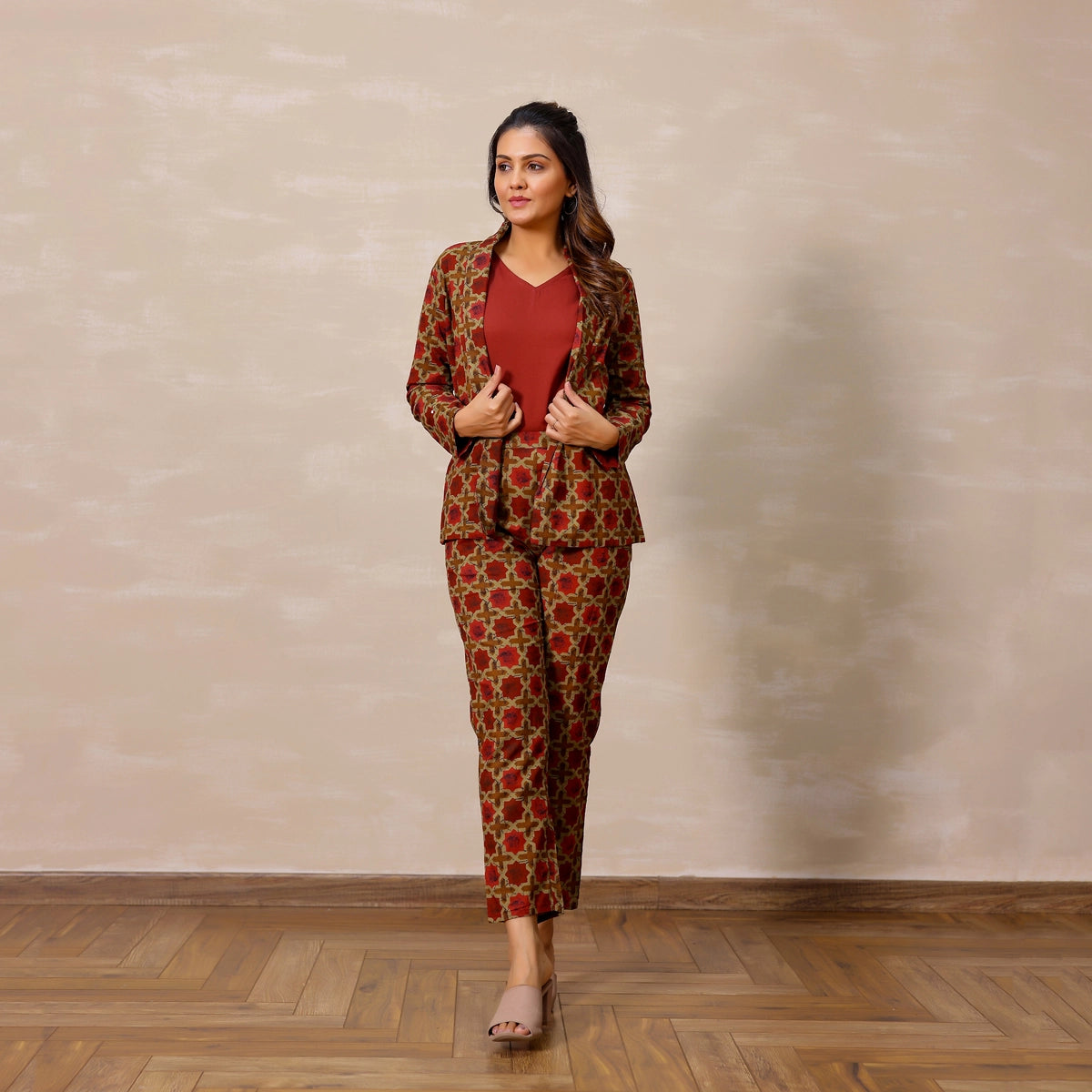 Red and Beige Ajrakh Print Cotton Blazer set with Inner