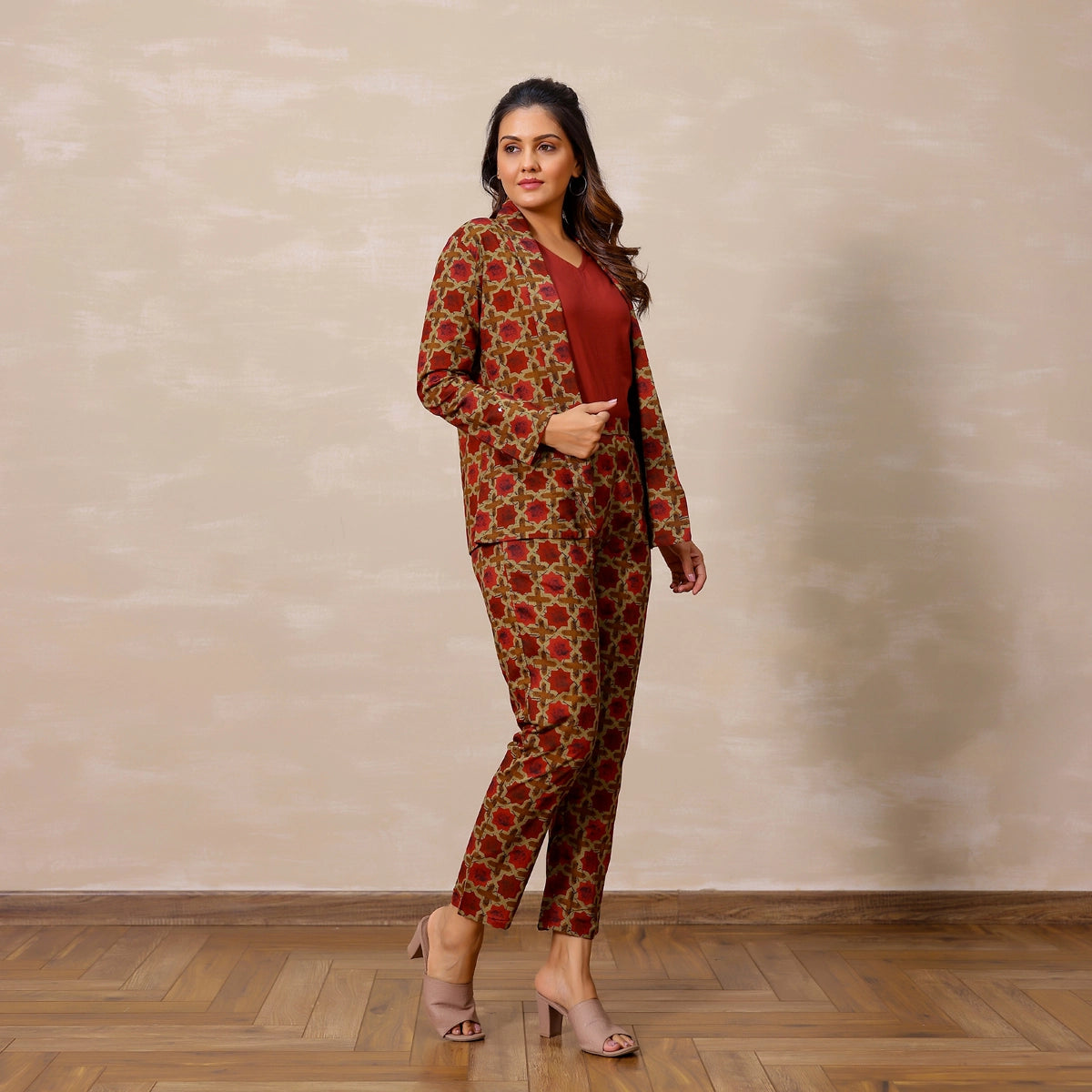 Red and Beige Ajrakh Print Cotton Blazer set with Inner