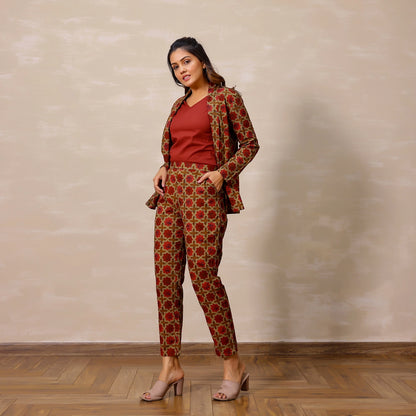 Red and Beige Ajrakh Print Cotton Blazer set with Inner