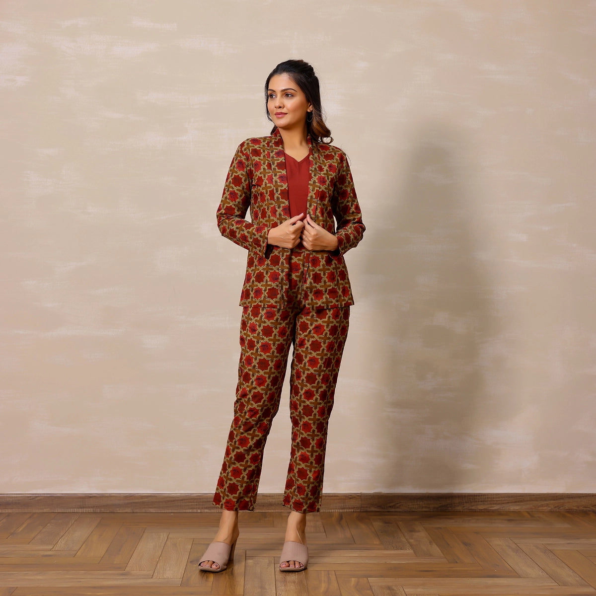 Red and Beige Ajrakh Print Cotton Blazer set with Inner