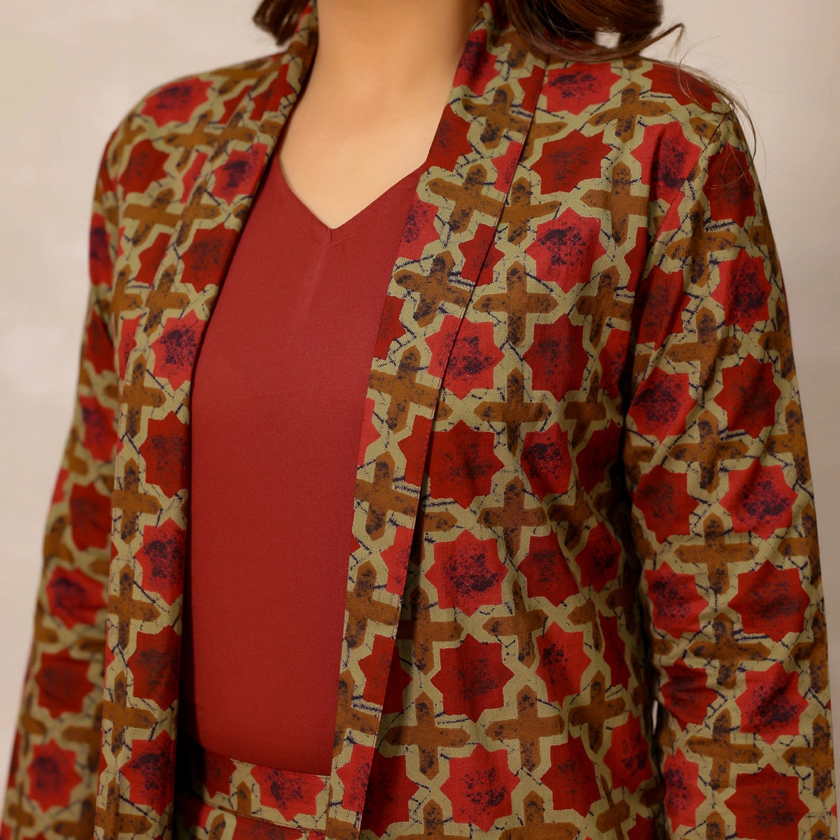 Red and Beige Ajrakh Print Cotton Blazer set with Inner