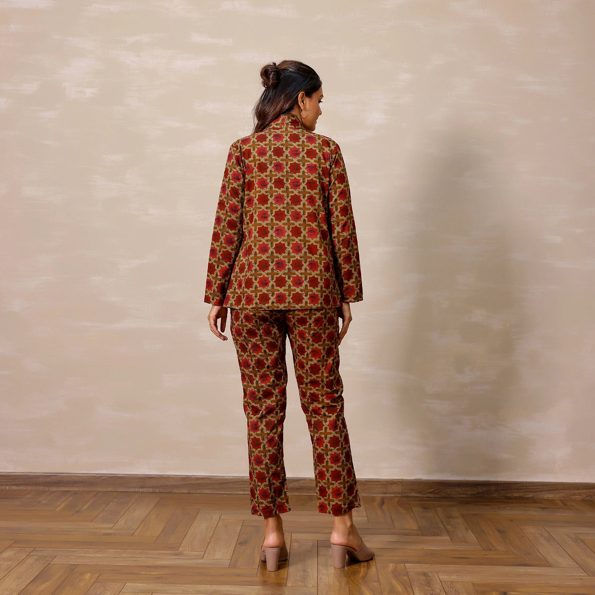 Rust Red Ajrakh Print Cotton Blazer set with Inner