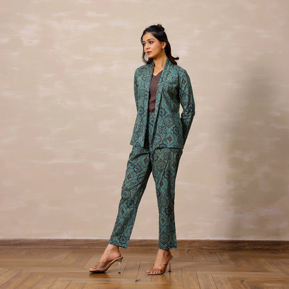 Pastel Blue Ajrakh Print Cotton Blazer set with Inner