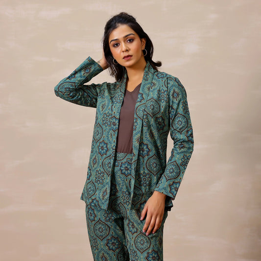 Pastel Blue Ajrakh Print Cotton Blazer set with Inner