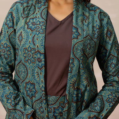 Pastel Blue Ajrakh Print Cotton Blazer set with Inner