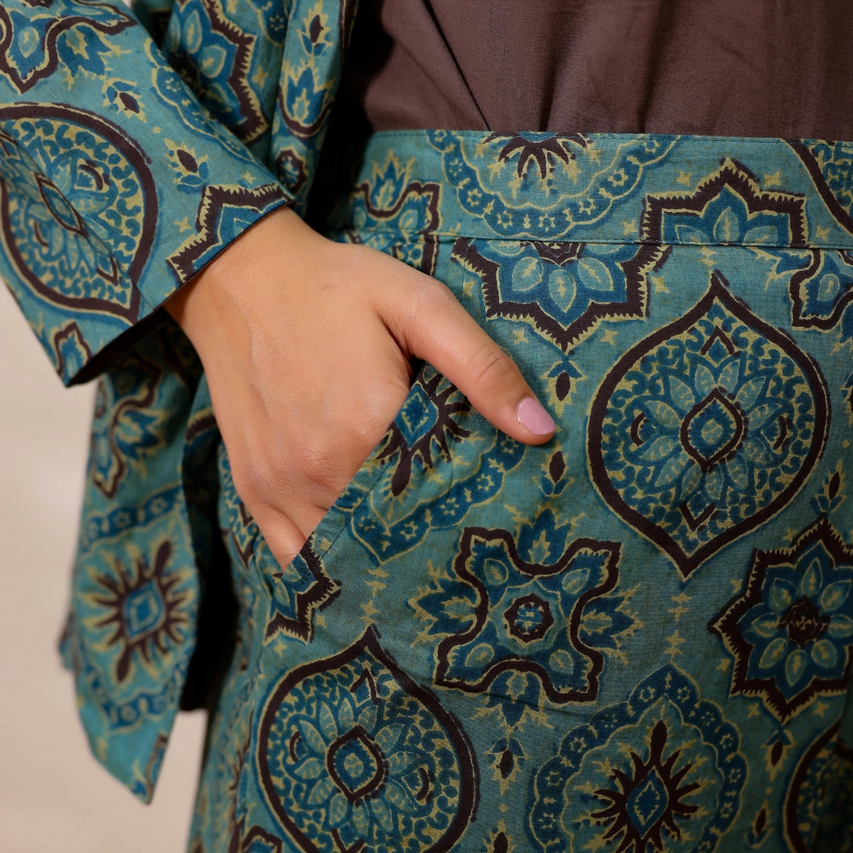 Green Ajrakh Print Cotton Blazer set with Inner