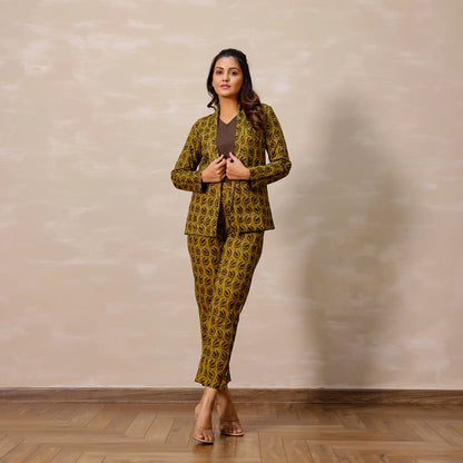 Mustard yellow Ajrakh Print Cotton Blazer set with inner