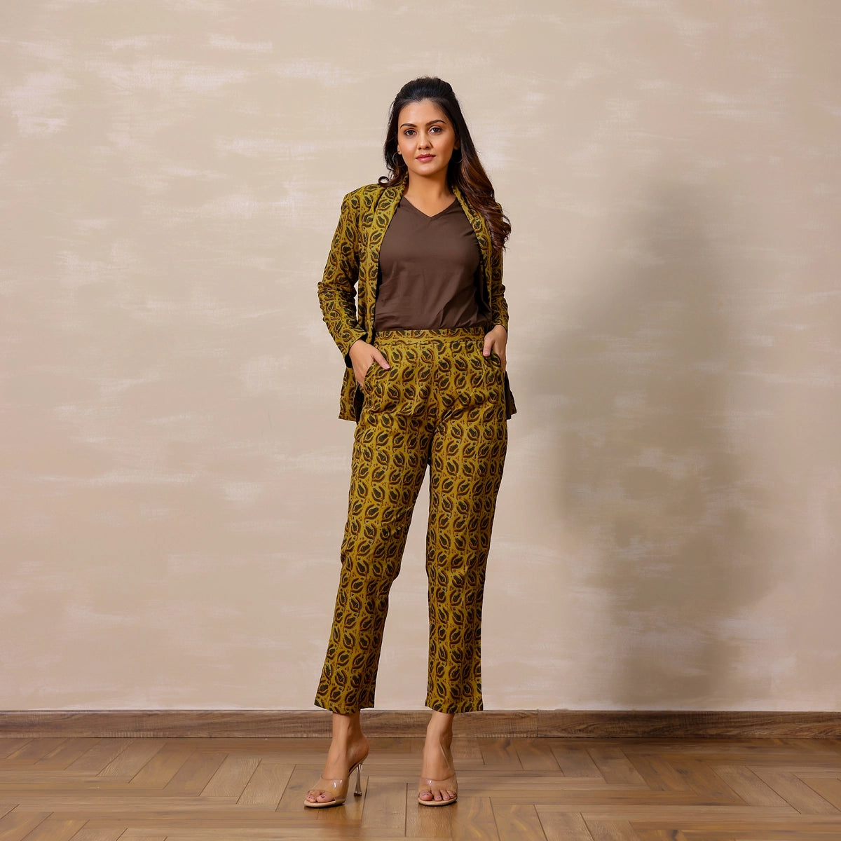 Mustard yellow Ajrakh Print Cotton Blazer set with inner