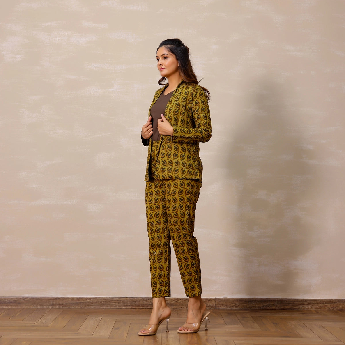 Mustard yellow Ajrakh Print Cotton Blazer set with inner