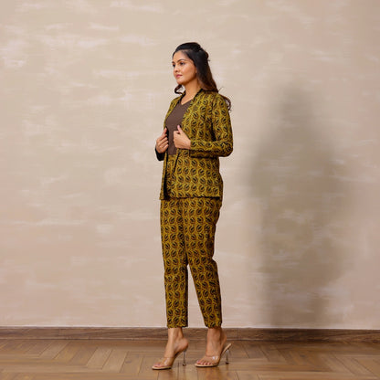 Mustard yellow Ajrakh Print Cotton Blazer set with inner