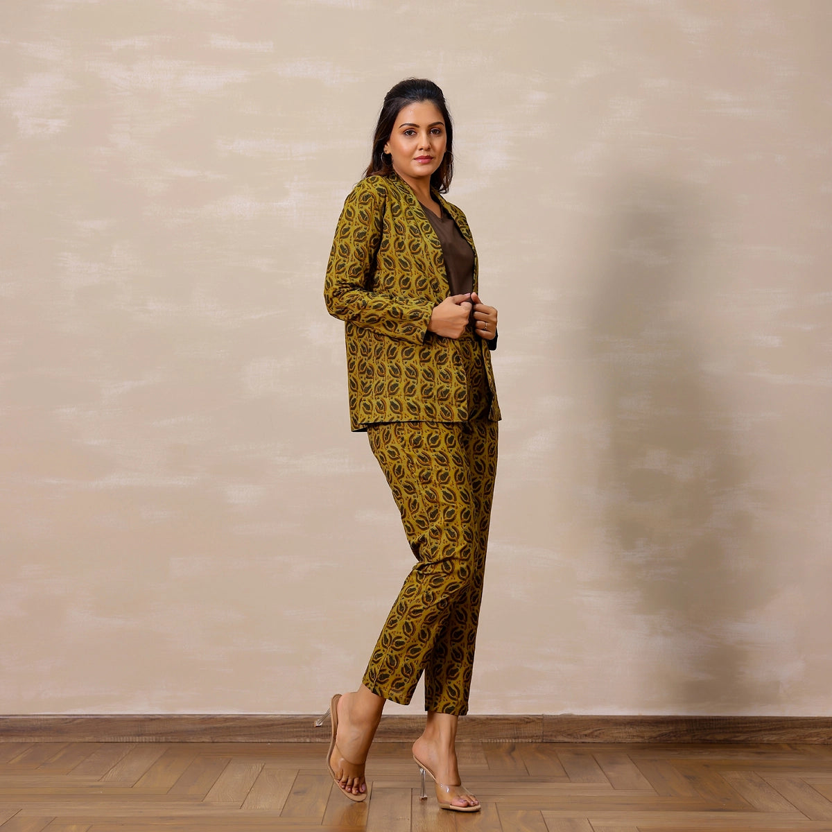 Mustard yellow Ajrakh Print Cotton Blazer set with inner