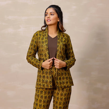 Mustard yellow Ajrakh Print Cotton Blazer set with inner