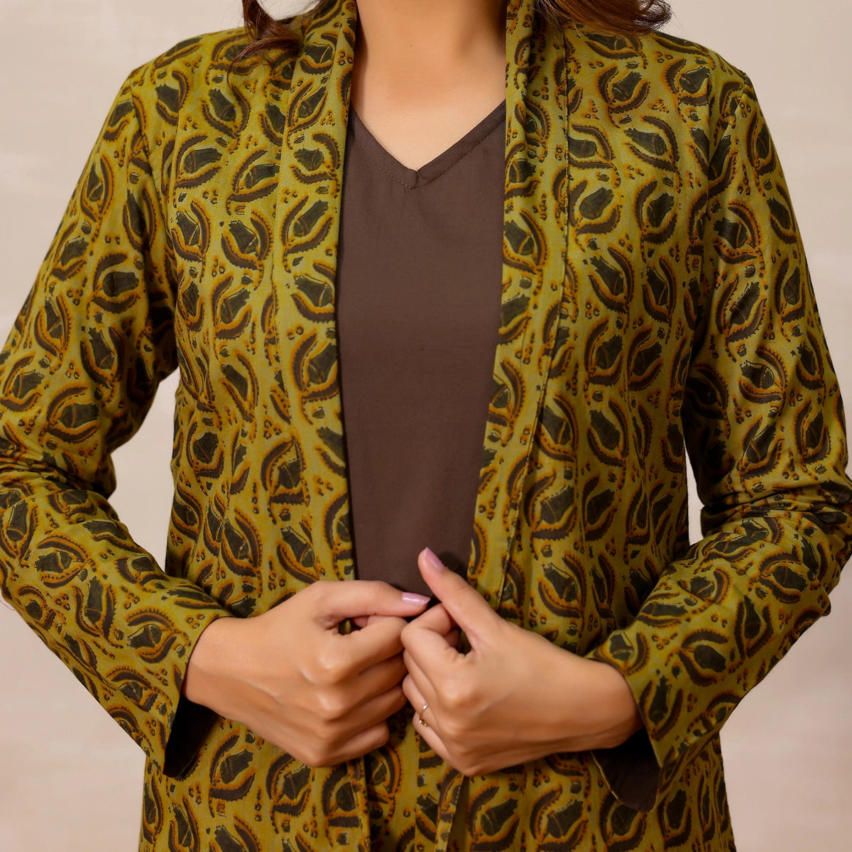 Mustard yellow Ajrakh Print Cotton Blazer set with inner