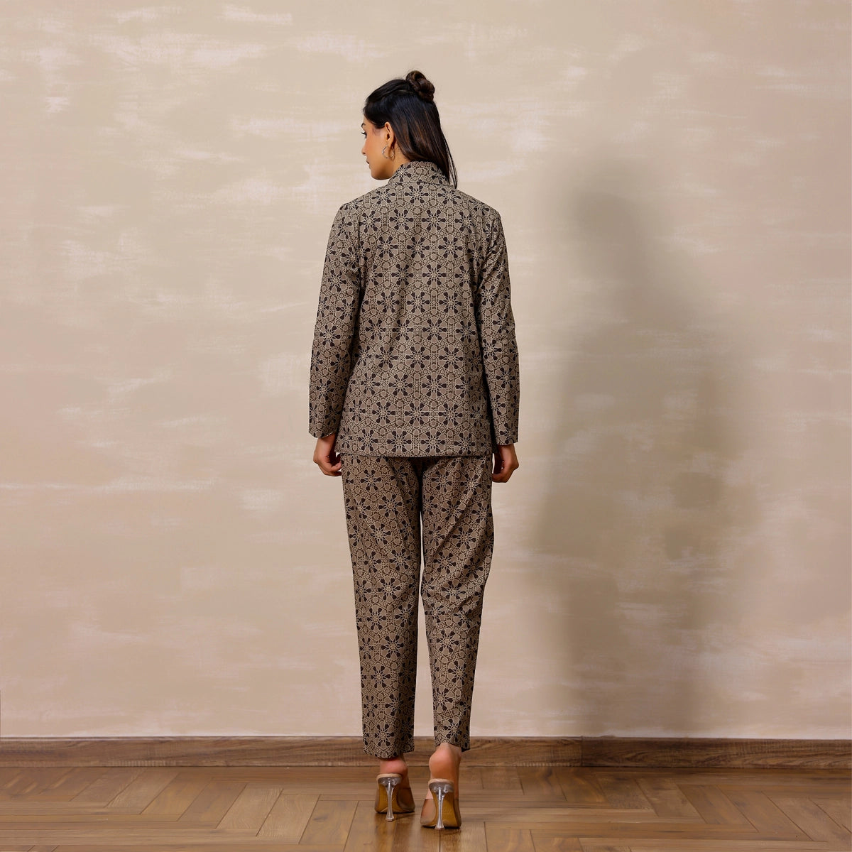 Taupe Grey Ajrakh Print Cotton Blazer set with inner