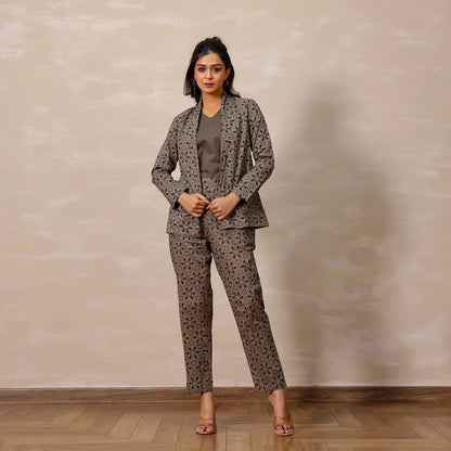 Pastel Grey Ajrakh Print Cotton Blazer set with inner