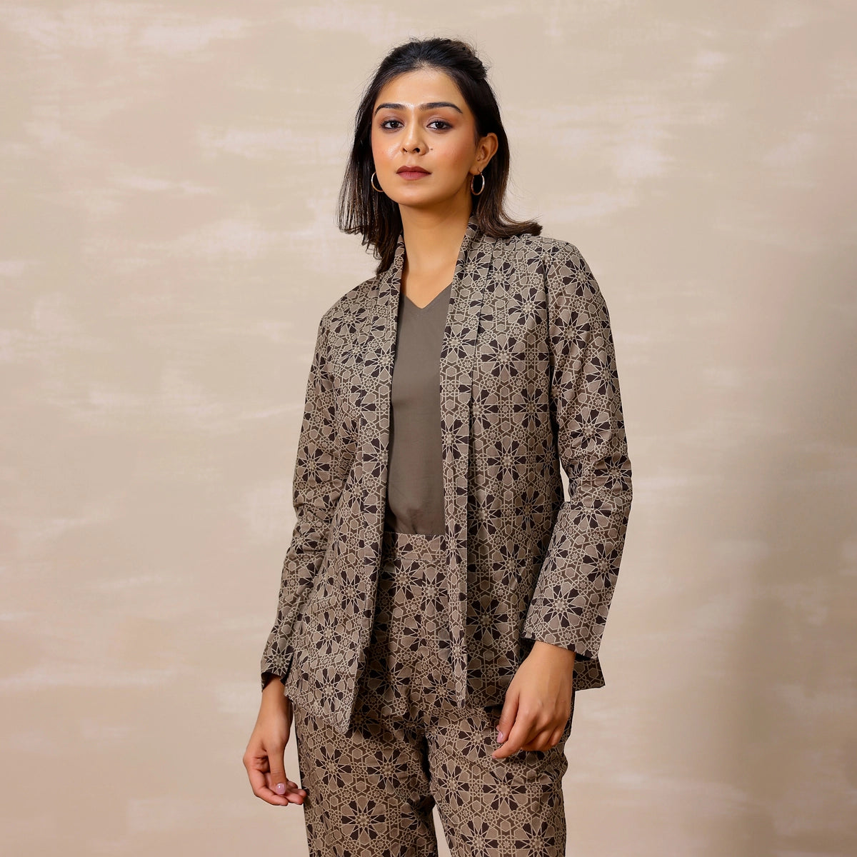 Taupe Grey Ajrakh Print Cotton Blazer set with inner