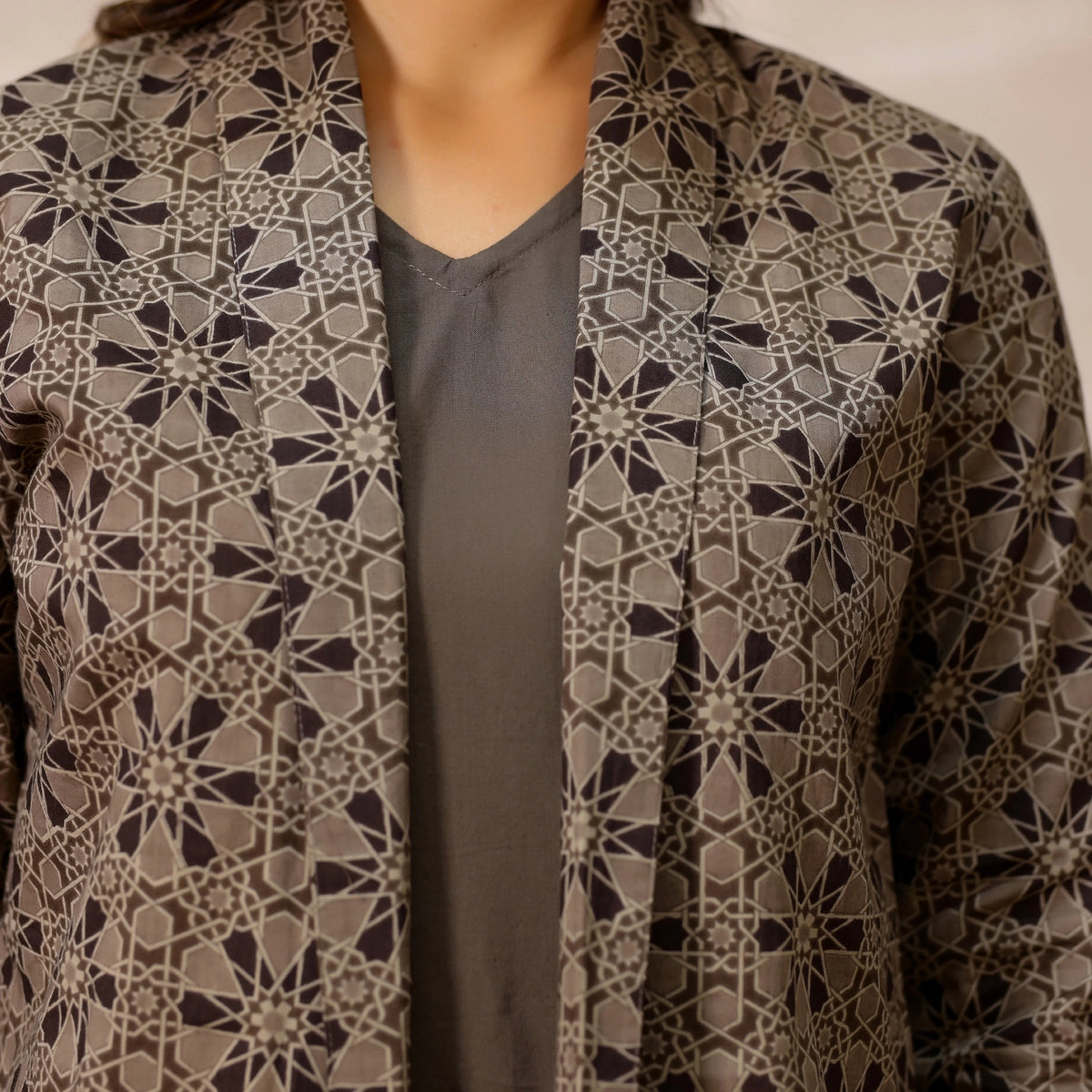 Pastel Grey Ajrakh Print Cotton Blazer set with inner